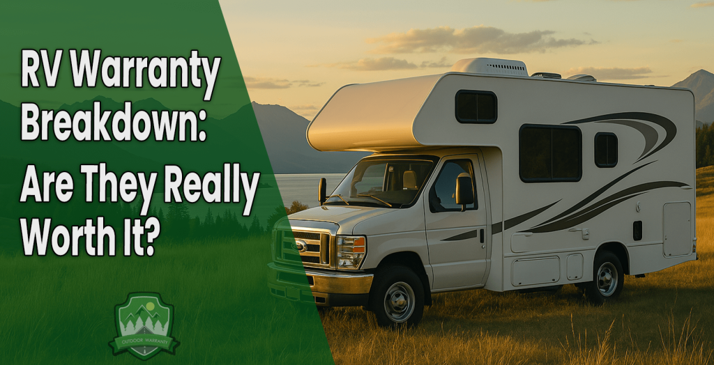 A recreational vehicle (RV) parked in a scenic outdoor setting, representing the topic of RV extended warranties.