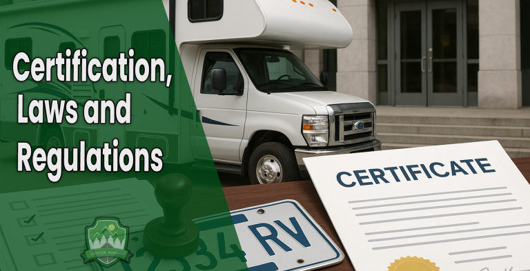 White RV parked in front of a DMV building with certification documents, license plates, and a rubber stamp on a desk in the foreground